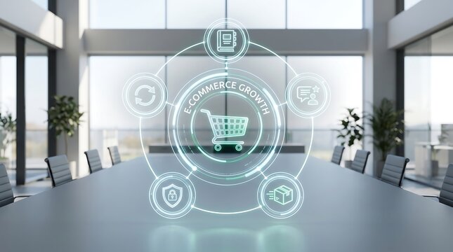 Futuristic glowing circular holographic HUD interface showing e-commerce growth, shopping cart, packaging shipping, customer feedback, and secure payment icons on modern boardroom table   