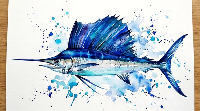 Watercolor painting of a sailfish isolated on white background