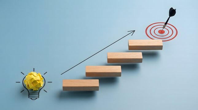 Yellow paper lightbulb next to wooden block stairs leading up to a target with a dart
