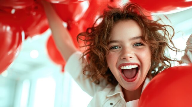 A cheerful young girl exuberantly holds red balloons while expressing joy, capturing a moment of happiness and celebration, ideal for portraying youthful exuberance.