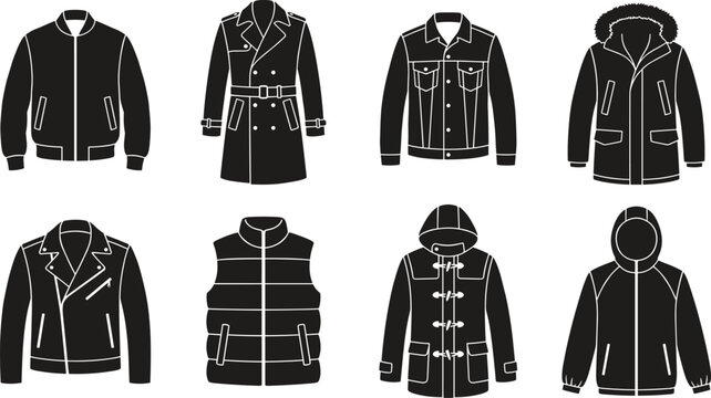Collection of modern jackets and coats silhouettes featuring bomber, trench, parka, and leather outerwear isolated on a white background
