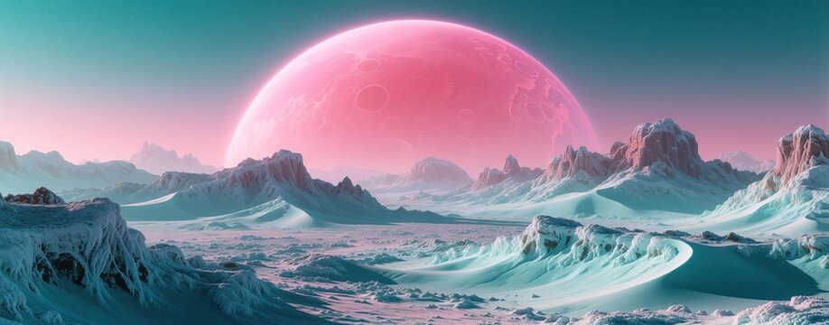 Alien planet landscape with pink moon and icy mountains. Teal and pink sky create dreamlike atmosphere. Expansive, serene, colorful, cosmic, fantasy environment for exploration.