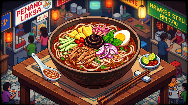 High Detail 16Bit Isometric Pixel Art Graphic Malaysian Penang Asam Laksa Food Sprites