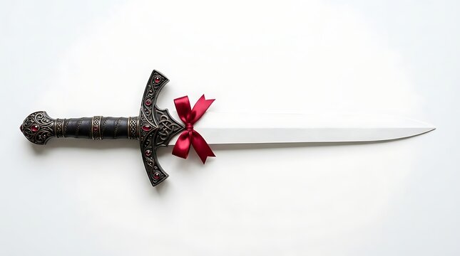 Decorative sword with red ruby gems and a burgundy bow isolated on white background