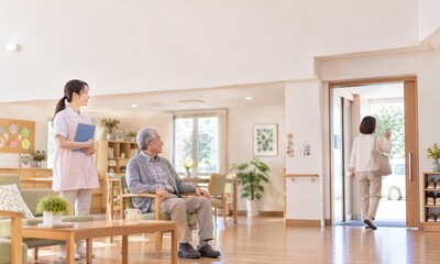 Fototapeta premium 高齢者施設で帰宅する娘を見送る車椅子のシニア男性と寄り添う日本人女性介護士