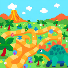 Obraz premium Adorable Stegosaurus Happily Navigating a Fun Jungle Maze with Math Symbols