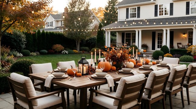 Outdoor Halloween patio decorated with pumpkins flowers and autumn table setting