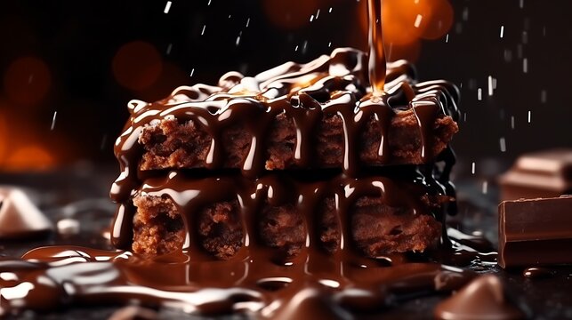 Indulgent chocolate brownies drizzled with rich dark chocolate sauce, a decadent dessert with a tempting close-up view, perfect for satisfying sweet cravings