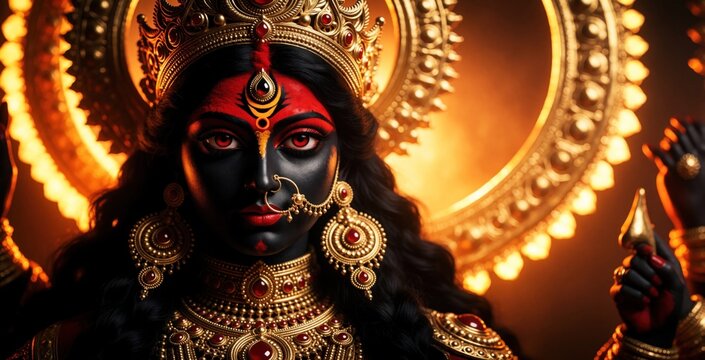Black skinned Hindu goddess Kali with red eyes and ornate gold jewelry. She wears a crown and earrings. Warm light illuminates her face, symbolizing divine power and transformation.