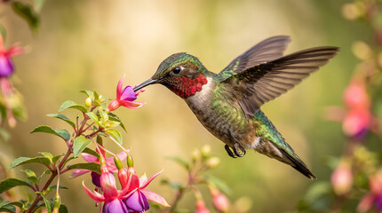 Fototapeta premium Ruby throated hummingbird hovering in flight feeding on pink fuchsia flower