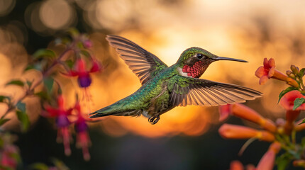 Fototapeta premium Ruby throated hummingbird hovering in flight feeding on pink fuchsia flower