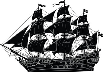 Detailed black silhouette of vintage pirate ship sailing vessel with full masts for nautical history ocean adventure layout © MSTRAZINA