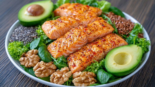 Omega 3 rich foods arranged on a rustic black slate surface, grilled salmon, avocado halves, walnuts, chia seeds, flaxseeds and fresh leafy greens, balanced healthy diet concept, overhead food compo