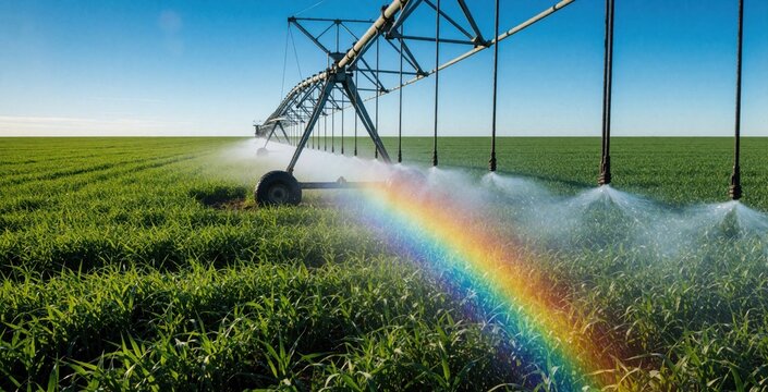 Modern center pivot irrigation system waters green corn field under blue sky. Large machine sprays water mist creating beautiful rainbow over crops. Automated farm equipment provides hydration for