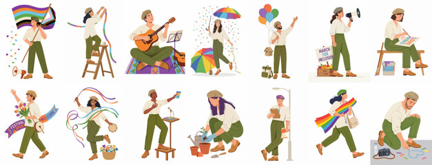 Obraz premium Collection of diverse flat illustrations celebrating Pride Month through activities like art, music, gardening, and activism, featuring rainbow flags and symbols of inclusion.