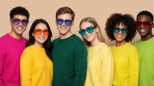 Diverse group of young friends wearing colorful sweaters, oversized square sunglasses with different tinted lenses. They are smiling happily, enjoying good times together against neutral background.