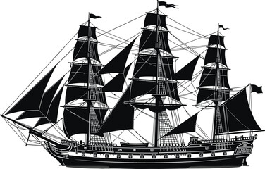 Majestic black silhouette of multi mast military frigate warship for naval warfare history and coastal cruise adventure wallpaper © MSTRAZINA