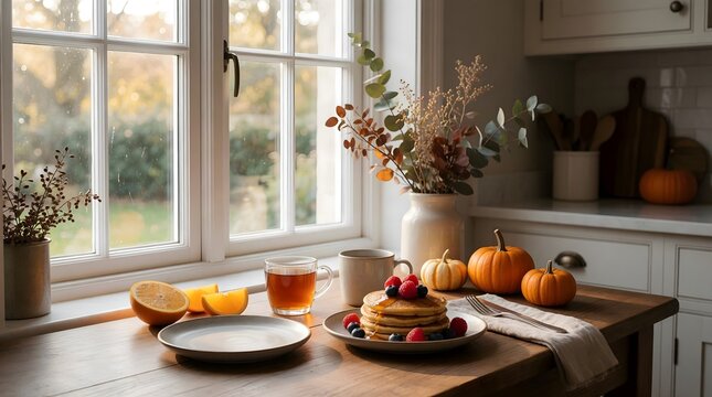 Cozy Halloween kitchen with pumpkins autumn flowers and seasonal decor