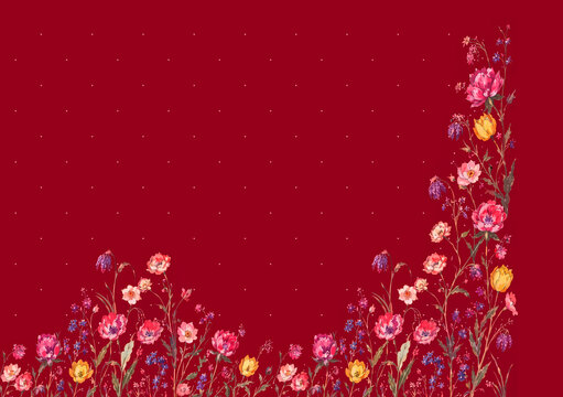 Elegant Deep Red Saree Border Design with Delicate Watercolor Flowers and Polka Dots