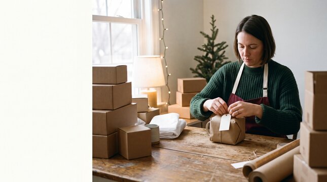 Small Business Owner Packing Christmas Orders in Creative Studio