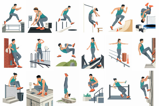 Flat vector illustration set of men and women performing various parkour and freerunning moves like jumping, climbing, and vaulting in urban settings.