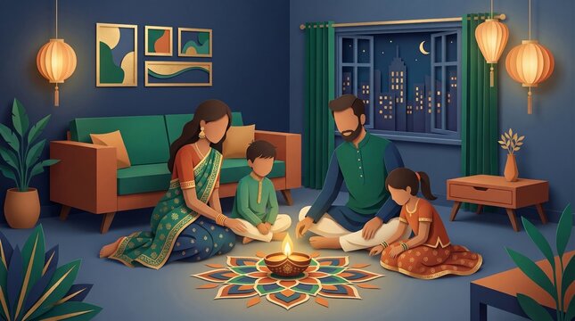 Modern Diwali Festival of Lights Celebration and Family Illustration