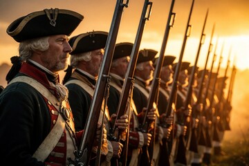 Obraz premium Line of colonial soldiers in uniform with muskets stand at attention at sunset. Men in hats and period clothing form a disciplined military formation outdoors.
