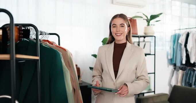 Face, tablet and woman in boutique for small business, online shop management and designer. Happy, person and technology in clothing store for retail, fashion industry and trade or app for startup