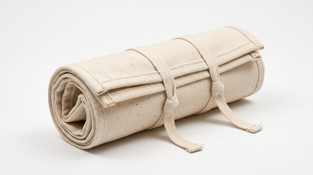 Natural unbleached cotton canvas roll pouch tied with cords on white background