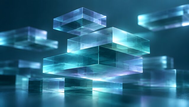 Abstract glowing transparent glass blocks hovering in space representing modular data architecture and digital infrastructure