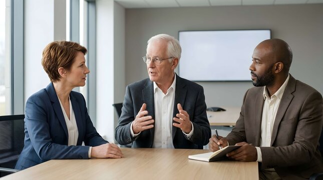 Three professionals discussing in modern office meeting.