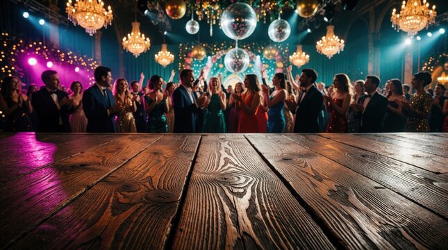 People dance and clap at formal event. Disco balls and chandeliers sparkle above guests in elegant hall. Wooden table foreground. Lively party atmosphere for celebration.