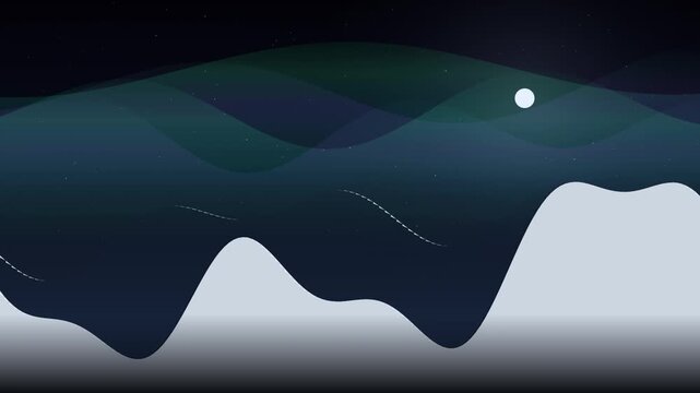 Abstract wave forms rise and fall against a dark blue and white gradient background