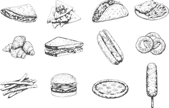 Vintage fast food doodle collection featuring pizza, burger, pretzel, hot dog, taco, sandwich and French fries. Hand-drawn monochrome engraving vector illustration on white background.