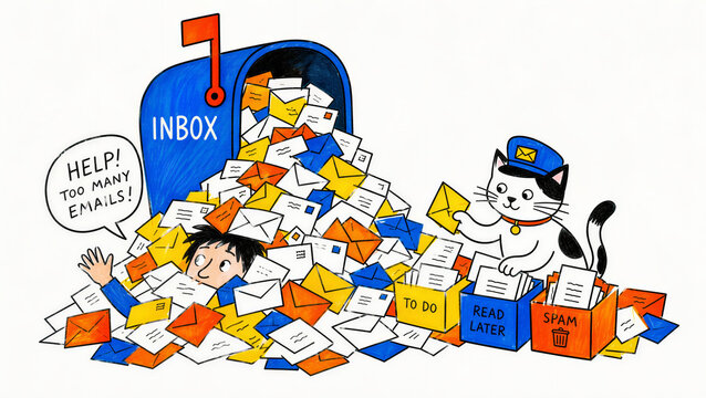 Person buried under a pile of envelopes from an overflowing inbox. Quirky editorial illustration of email overload concept with a postman cat sorting mail into spam and to do boxes