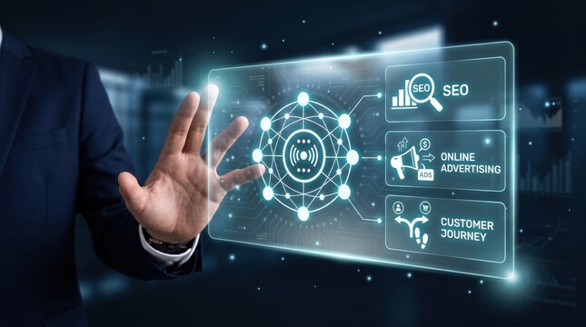 Futuristic holographic display showing SEO optimization, online advertising campaign, and customer journey map, digital marketing strategy concept with interactive touch interface technology.,178