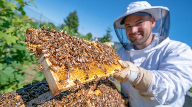 Commercial honey harvest scene with beekeeper removing golden honey-filled frames from wooden beehives, protective white suit, gloves and mesh hood, abundant bees naturally surrounding the hive, lar