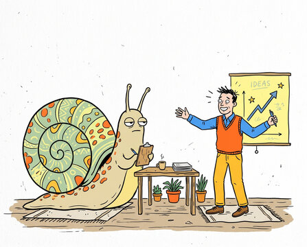 Quirky editorial illustration of an enthusiastic man giving a business presentation to a giant unamused snail. Funny corporate concept showing slow progress and contrasting work paces