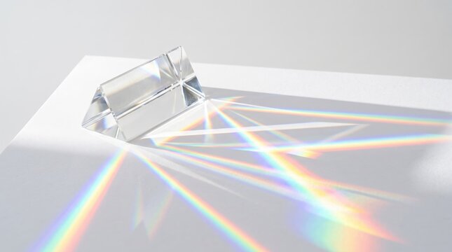 Clear glass triangular prism refracting white light into visible rainbow spectrum dispersion pattern on clean white surface demonstrating physics optics phenomenon.