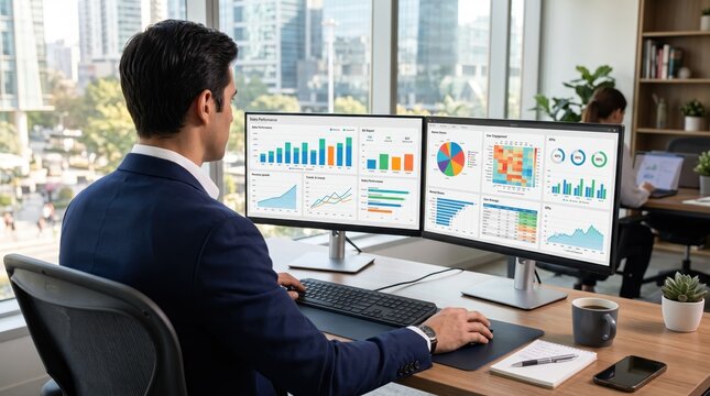 Financial analyst reviewing stock market charts on dual monitor setup, investment data visualization, business performance metrics analysis in high-rise office with city skyline view background.