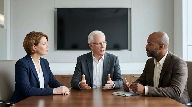 Three professionals discussing in modern boardroom meeting.