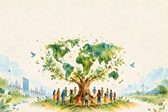 Watercolor global unity tree people peace illustration