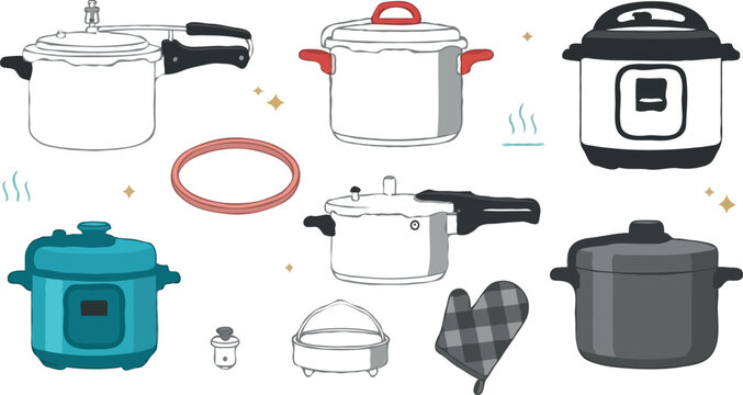 Pressure cooker vector set featuring stovetop pressure cookers modern electric multi cookers instant pots silicone sealing ring gasket trivet steam basket and oven mitt