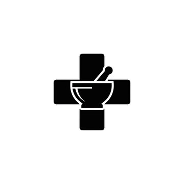 Black pharmacy medical cross sign combined with traditional pestle and mortar bowl icon representing pharmaceutical care.