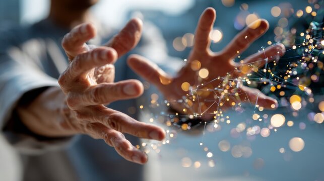 Person holding glowing digital network particles between outstretched hands