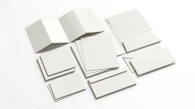 Blank paper stationery set with folded brochures envelopes and business cards for branding design. marketing material bundles