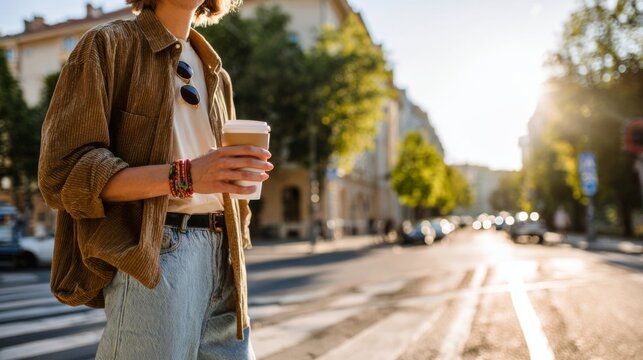 Young person holding takeaway coffee cup while walking down urban city street