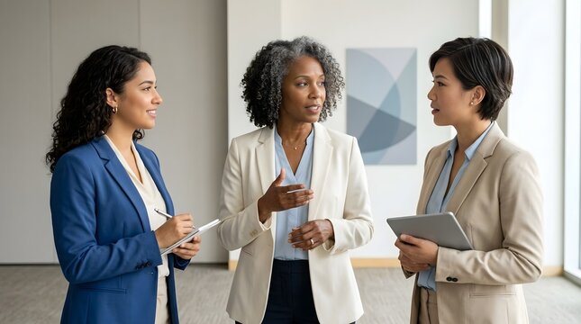 Three professional women discussing in office setting.