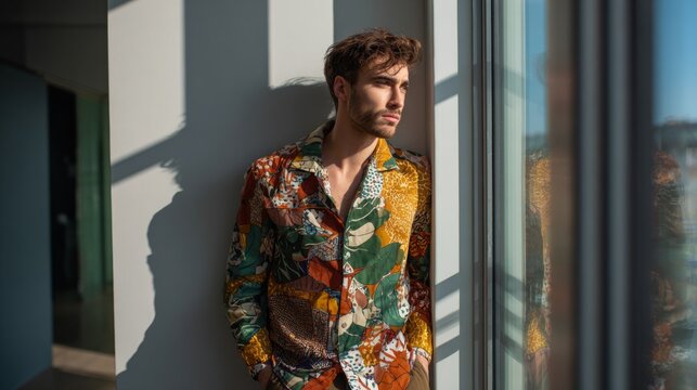Young handsome man wearing a colorful patterned shirt standing by a bright window
