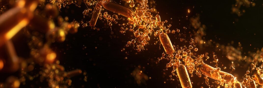 Concept shows human milk oligosaccharides feeding Bifidobacterium in infant gut with golden bacteria on dark background.